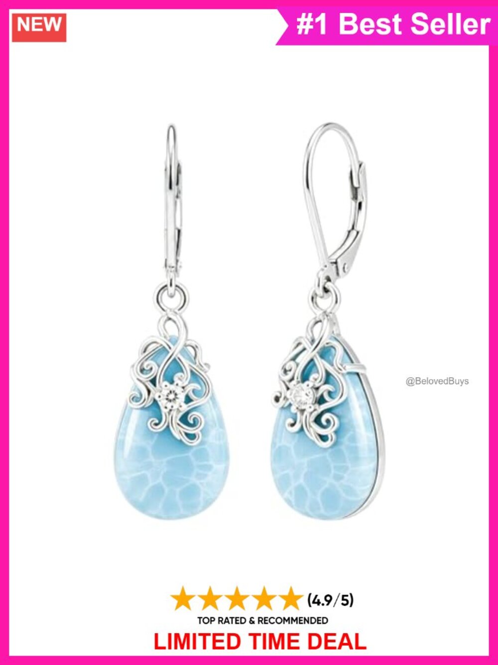 925 Sterling Silver Larimar Teardrop Dangle Earrings with Diamond Filigree Drop